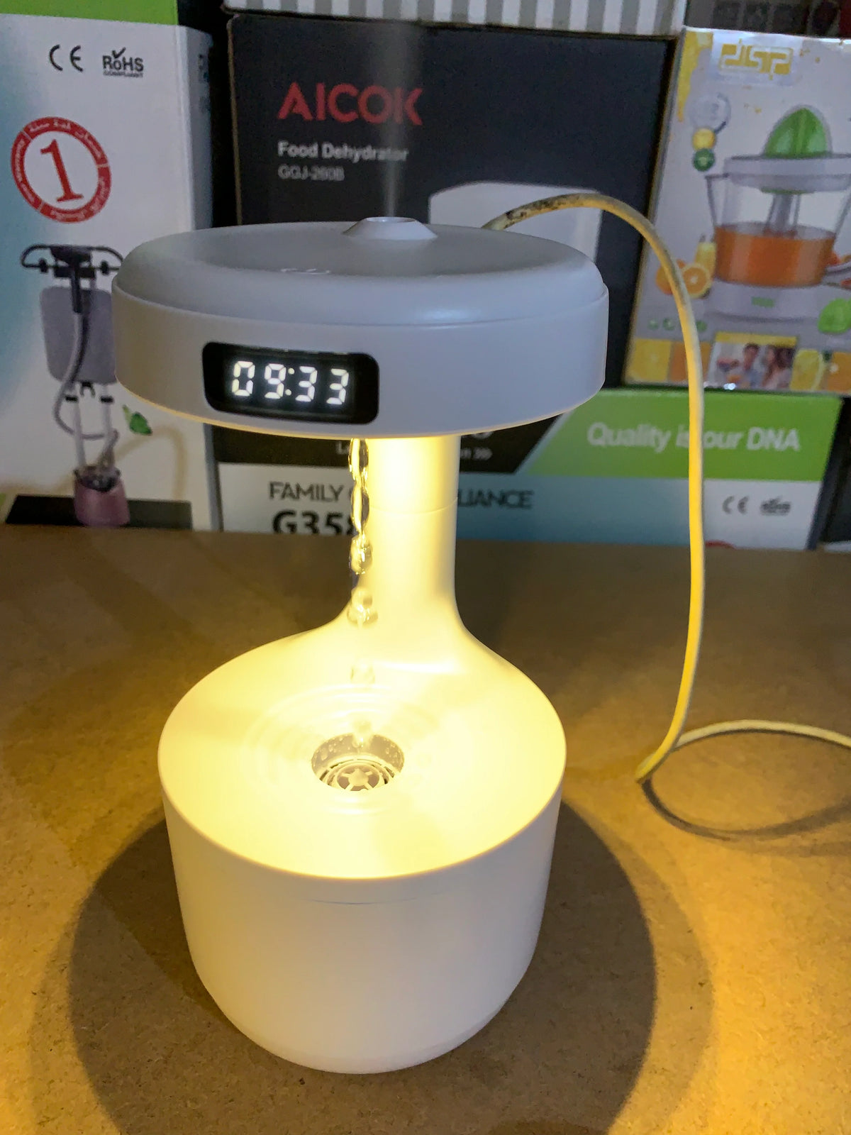 3D Anti-Gravity Humidifier with LED Clock Display – Smooth Sailing Water Drip Aroma Diffuser