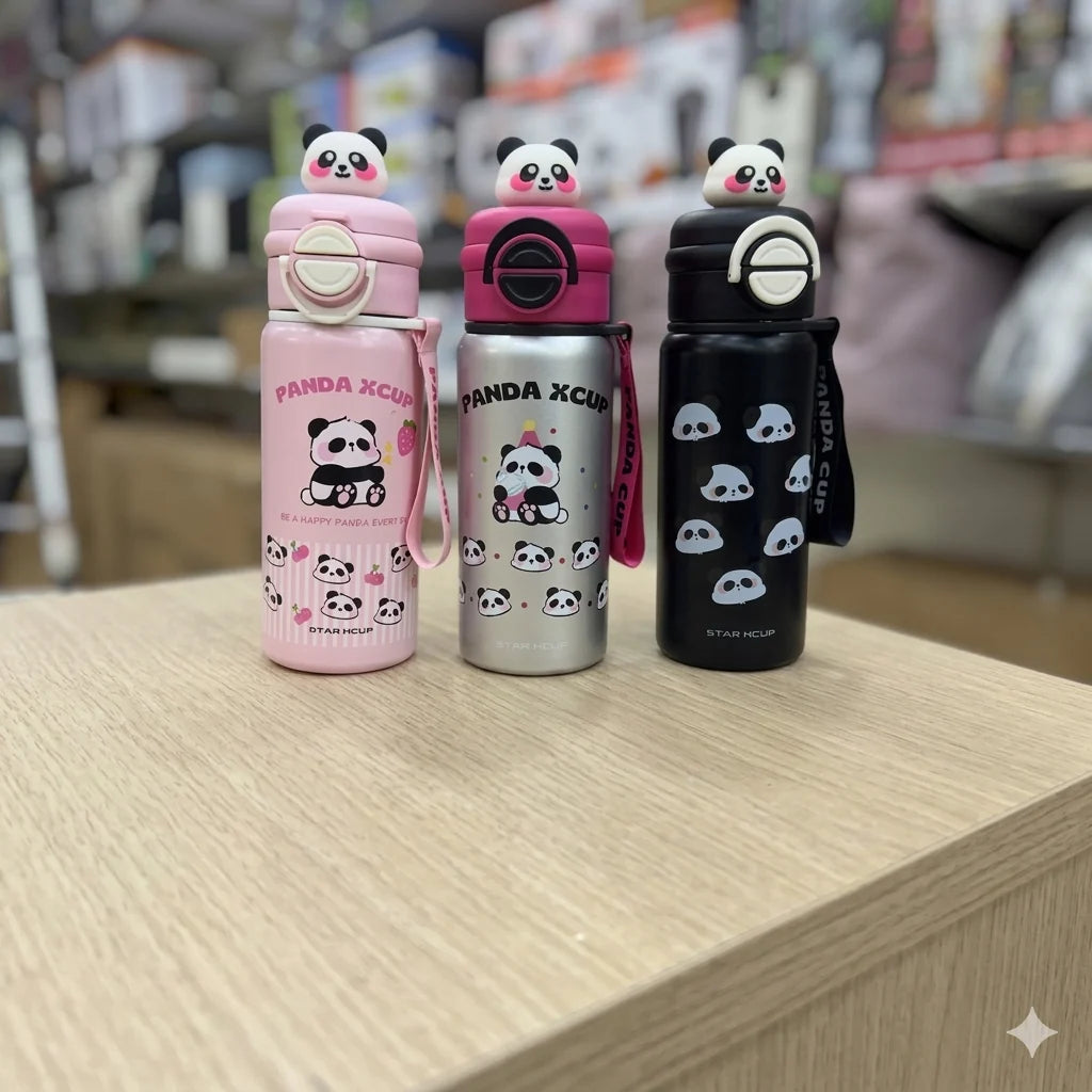 Panda Xcup Stainless Steel Water Bottle – Cute Panda Design Insulated Flask with Straw Lid