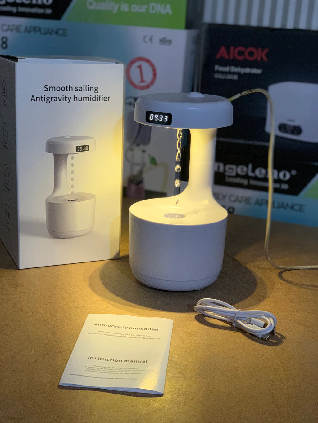 3D Anti-Gravity Humidifier with LED Clock Display – Smooth Sailing Water Drip Aroma Diffuser