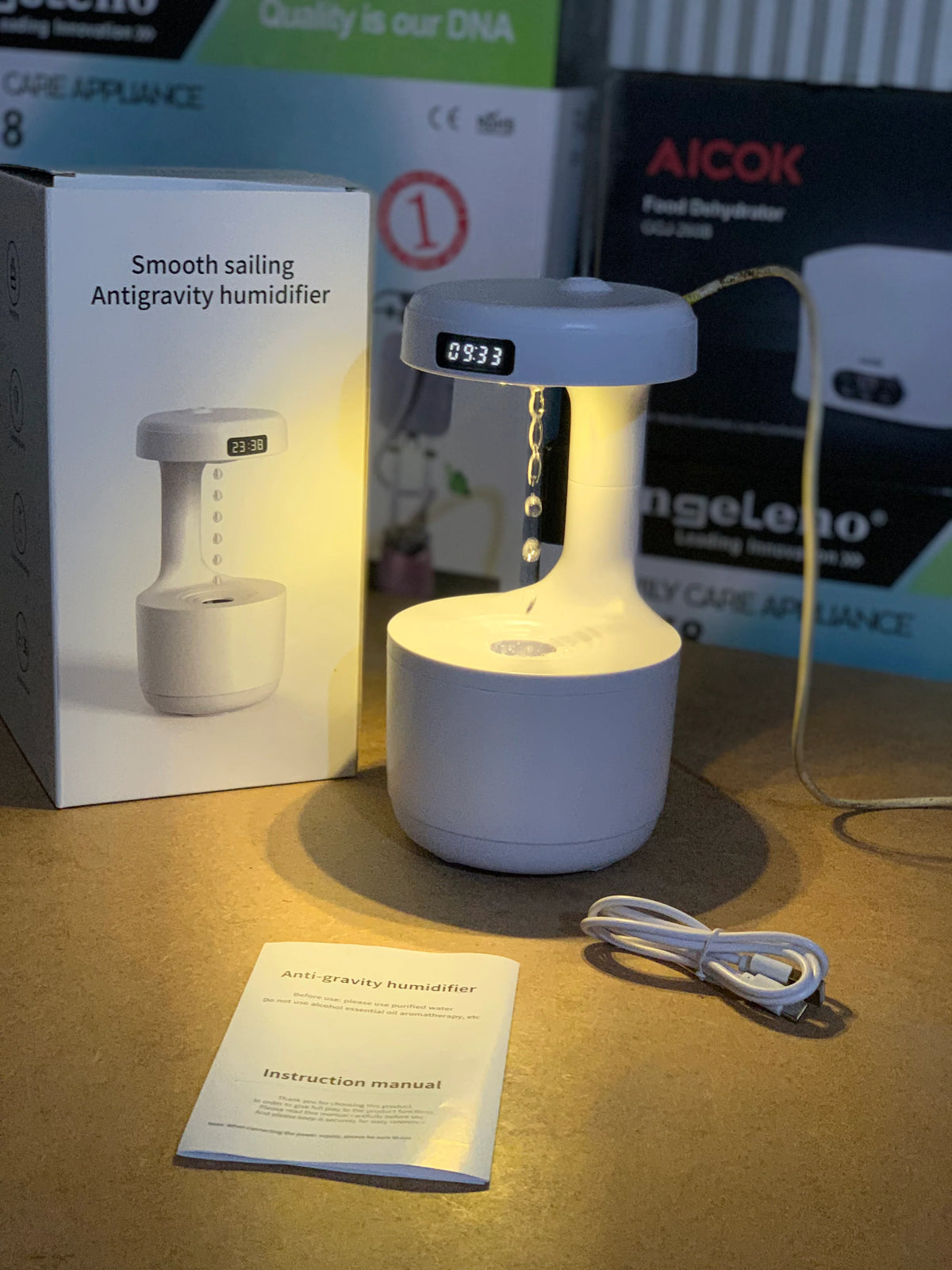 3D Anti-Gravity Humidifier with LED Clock Display – Smooth Sailing Water Drip Aroma Diffuser